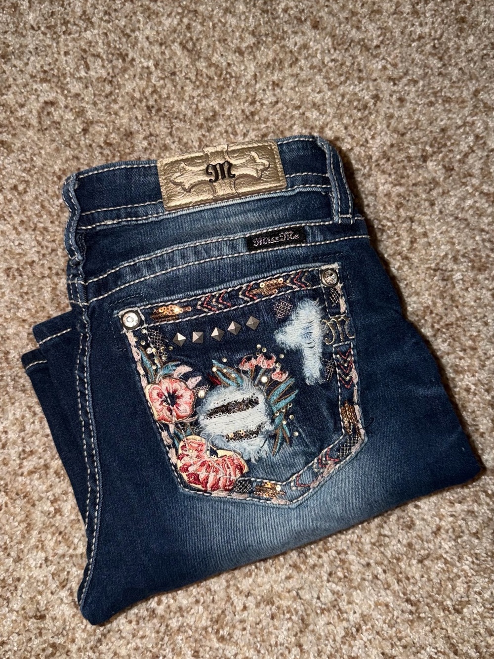 TALL Miss Me Dark Wash Embroidered Floral Pocket Jeans